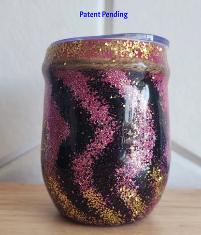 Magenta boho Saltwater Sips™ 12oz wine tumbler back view, black and magenta glitter swirl, Patent Pending