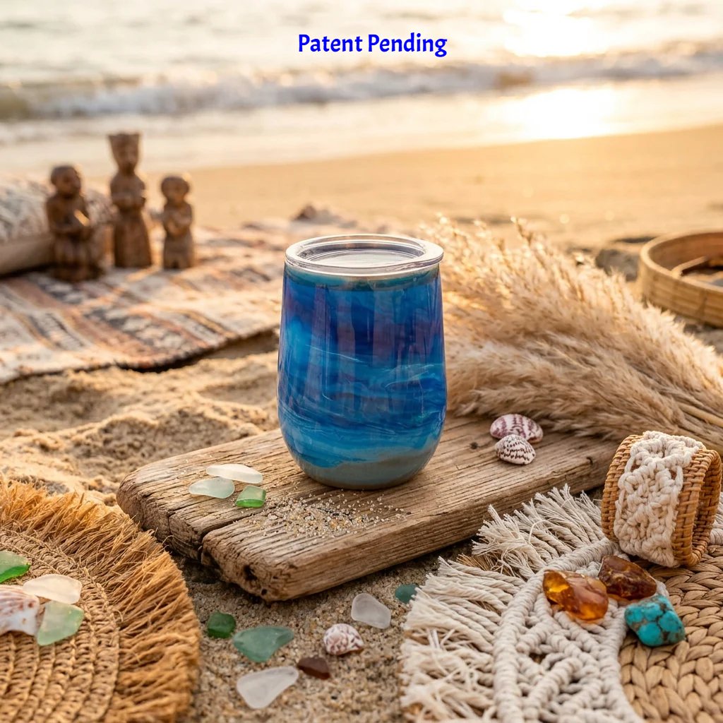 Handmade blue ocean wine tumbler with real seashells on driftwood at the shoreline