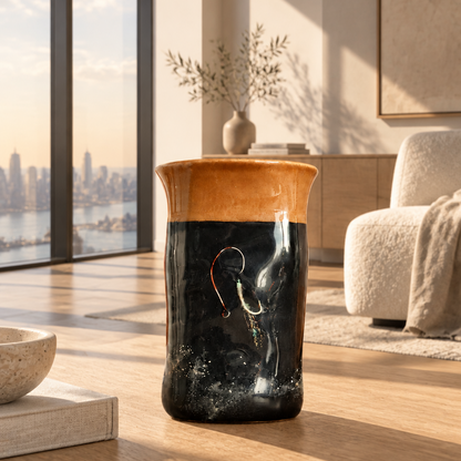 Handmade Hook & Tumble fishing coffee mug, clear resin over black with a fish hook detail, in a sunny coastal living room