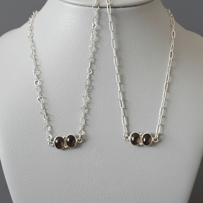 Handmade sterling silver necklaces with smoky quartz stones, heart-link and paperclip chains