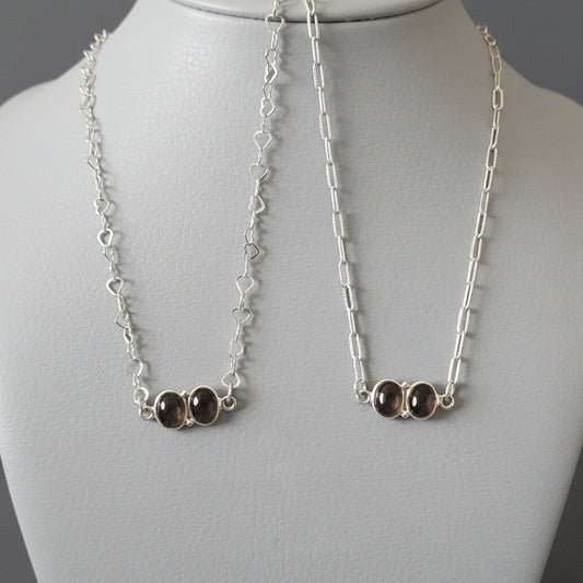 Handmade sterling silver necklaces with smoky quartz stones, heart-link and paperclip chains