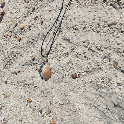 Handmade seashell pendant necklace with silver wire wrap and blue green beads