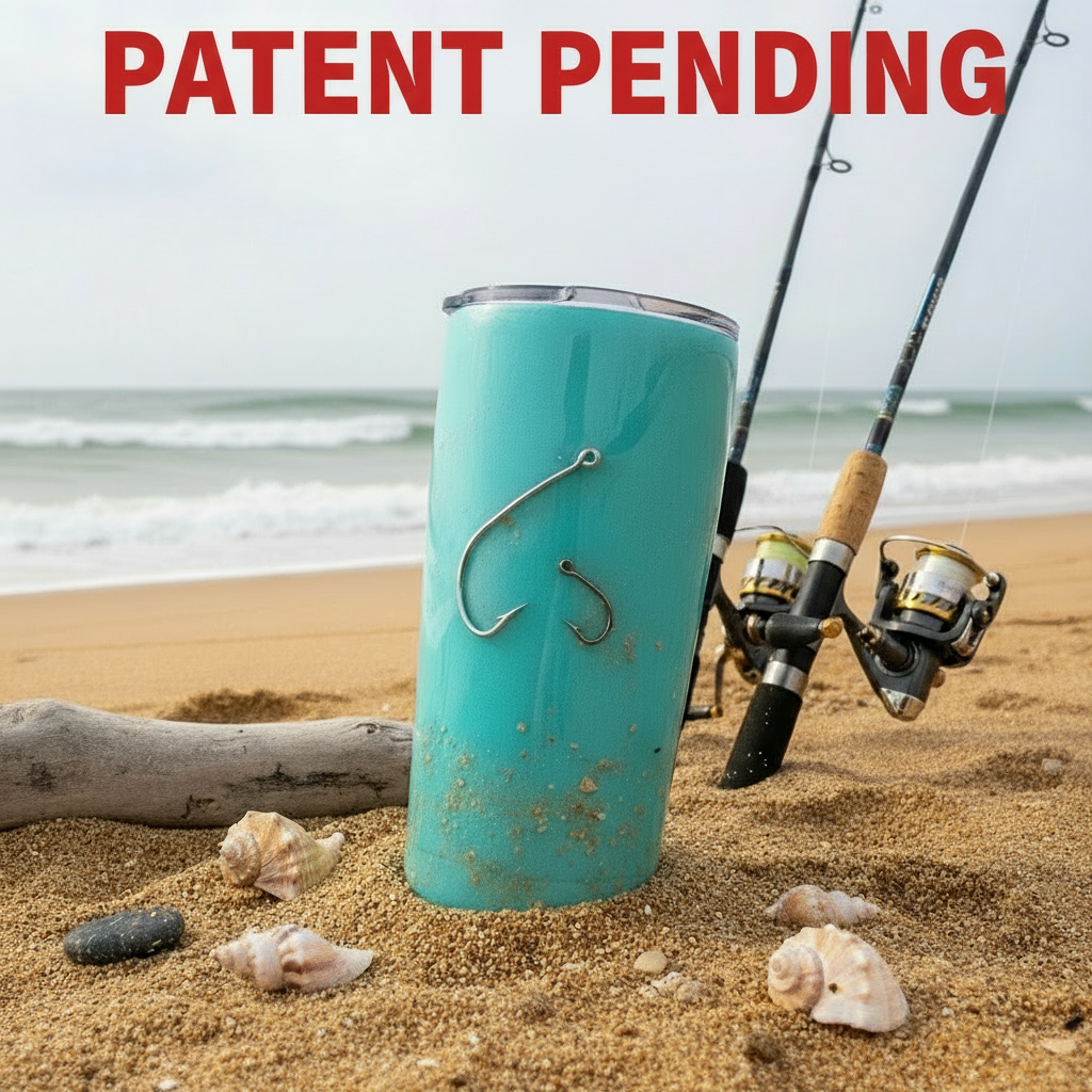 Hook & Tumble handmade coastal tumbler with fishing hooks on beach