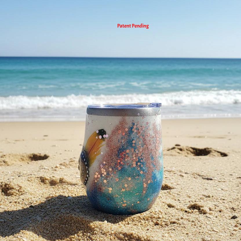 12oz 3D Ocean Treasure Glitter Tumbler - Insulated Beach Wine Tumbler with Feathers, Starfish & Seashells | Saltwater Sips™