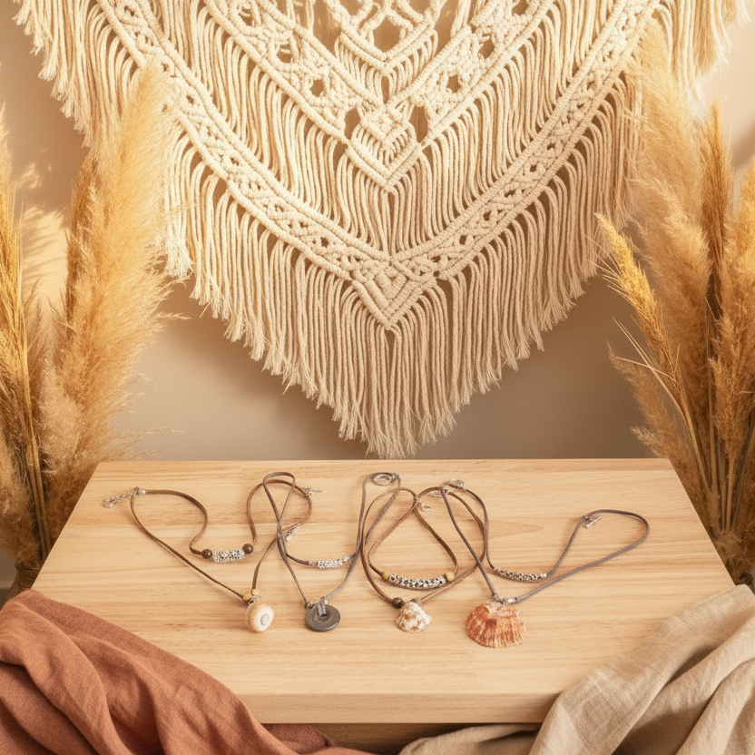 Four bohemian-style necklaces with natural materials and seashell pendants adjustable choker necklacrs arranged on a light wood table, styled with a cream macrame wall hanging, pampas grass, wicker chairs, and draped linen cloths