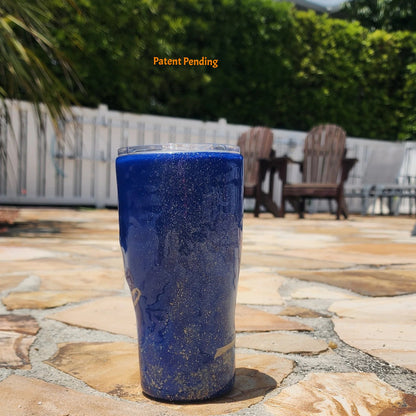 Handmade 20oz Blue Ink back side fishing hook tumbler with real saltwater hooks, barrel swivel and natural raffia, Hook & Tumble coastal drinkware
