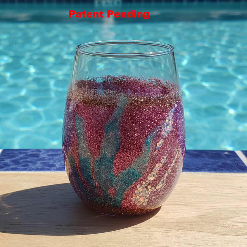 Berry and teal coastal wine glass with layered glitter waves and dimensional texture - handmade 18oz