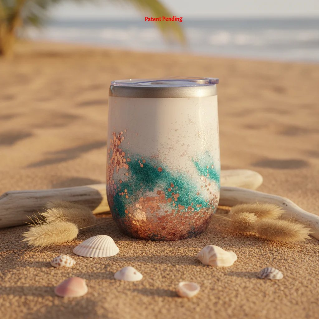 Boho coastal tumbler with feathers turquoise and shells handcrafted in South Florida