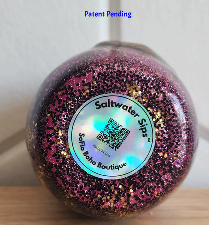 Saltwater Sips™ 12oz tumbler bottom view, holographic brand logo, Made in USA, Patent Pending