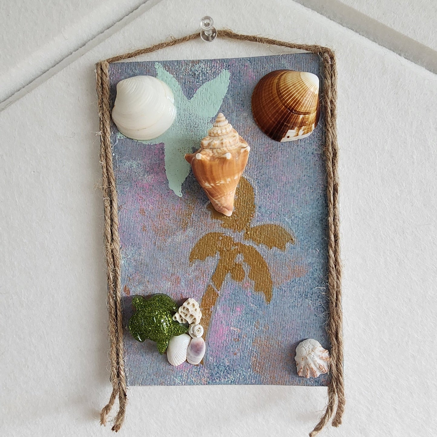 Palm & Conch  seashell jewelry holder wall decor with real shells and resin accent, handmade coastal wall art