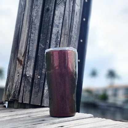 Back view of colorshift resin coastal tumbler, curve shape, insulated stainless steel