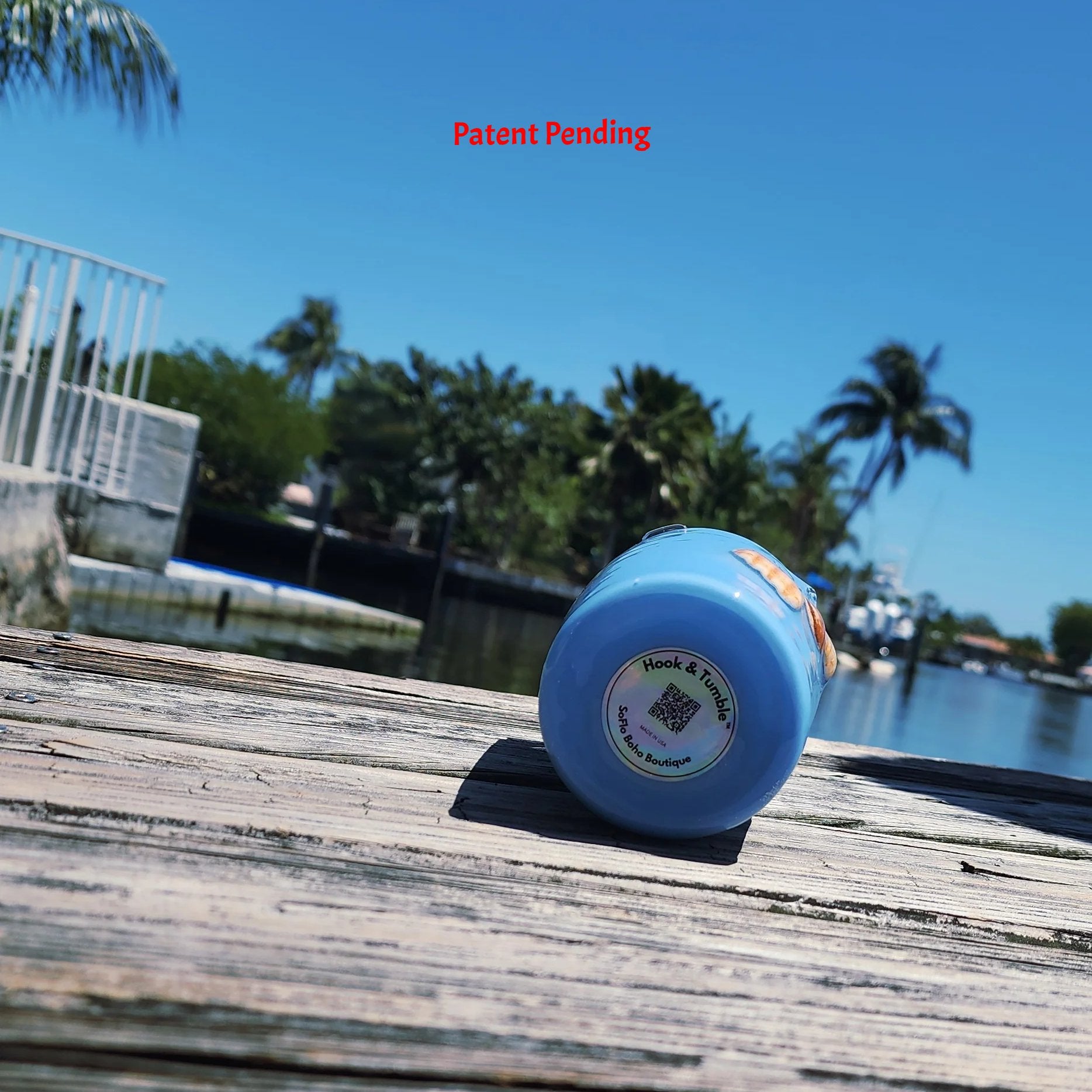 Base view Blue Water Hook & Tumble™ tumbler showing subtle glitter finish on reverse