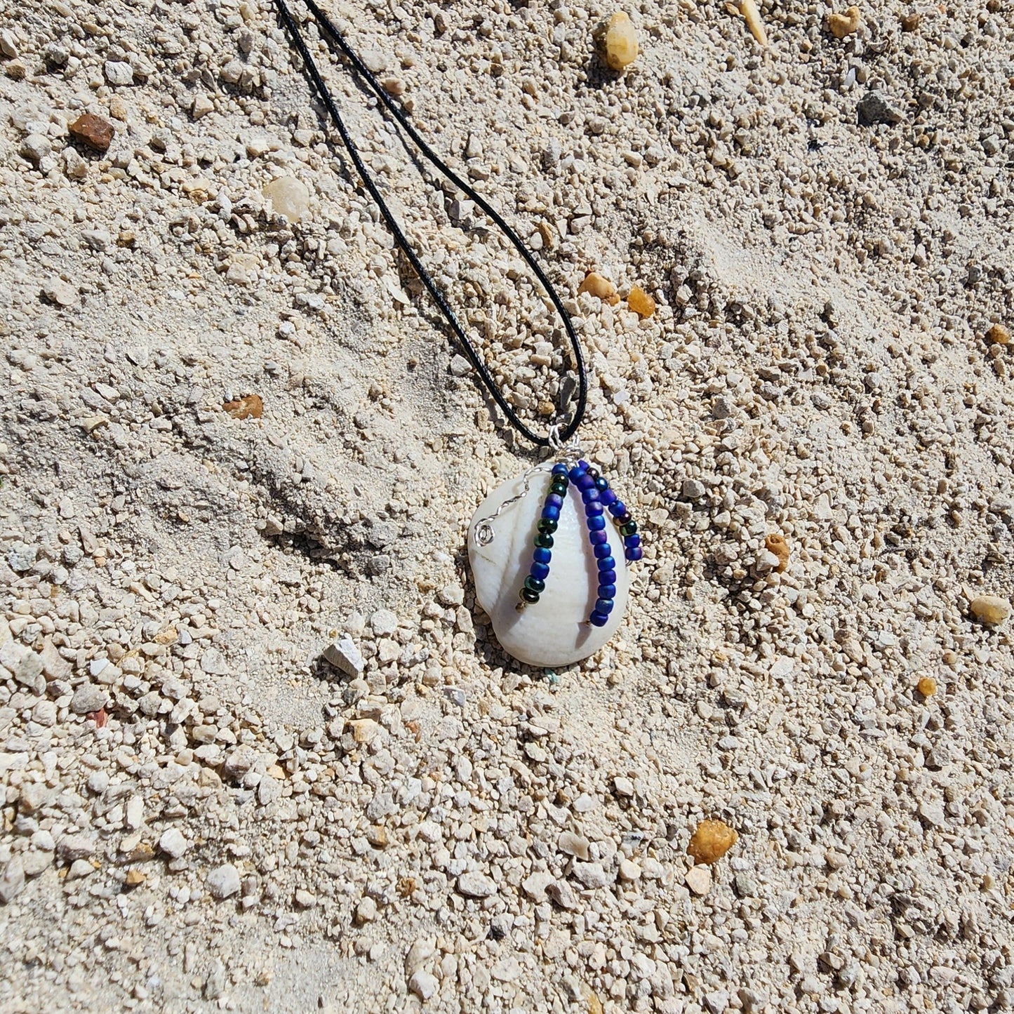 Florida Lucina shell pendant necklace with silver wire wrap and multicolor bead strands