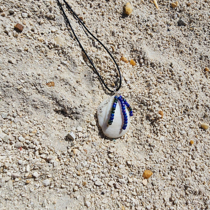 Florida Lucina shell pendant necklace with silver wire wrap and multicolor bead strands