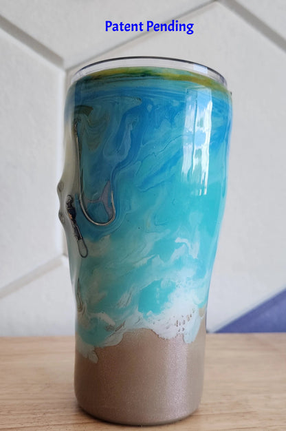 Turquoise ocean wave fishing hook tumbler 20oz indoor right side, gold shimmer, Hook & Tumble™