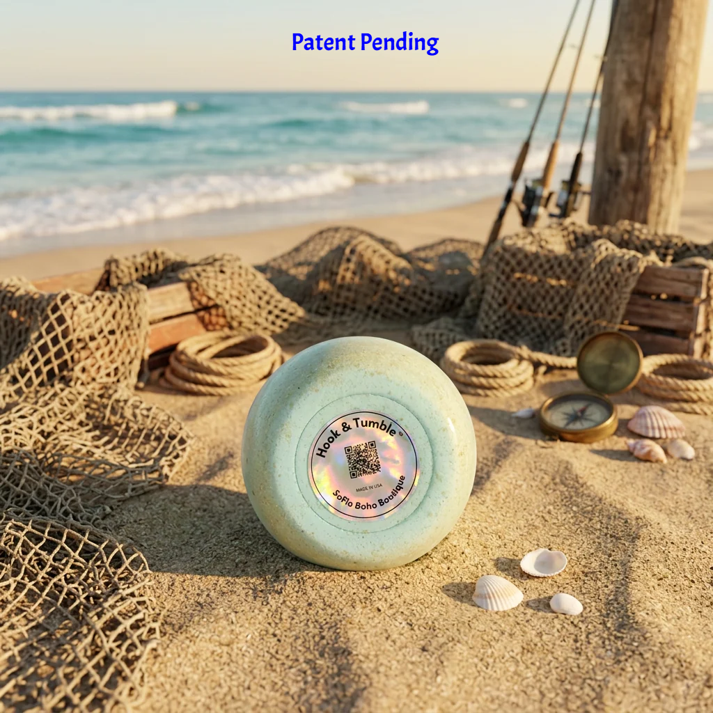 Bottom of a handmade 12oz fishing hook tumbler resting in beach sand beside fishing nets and rods