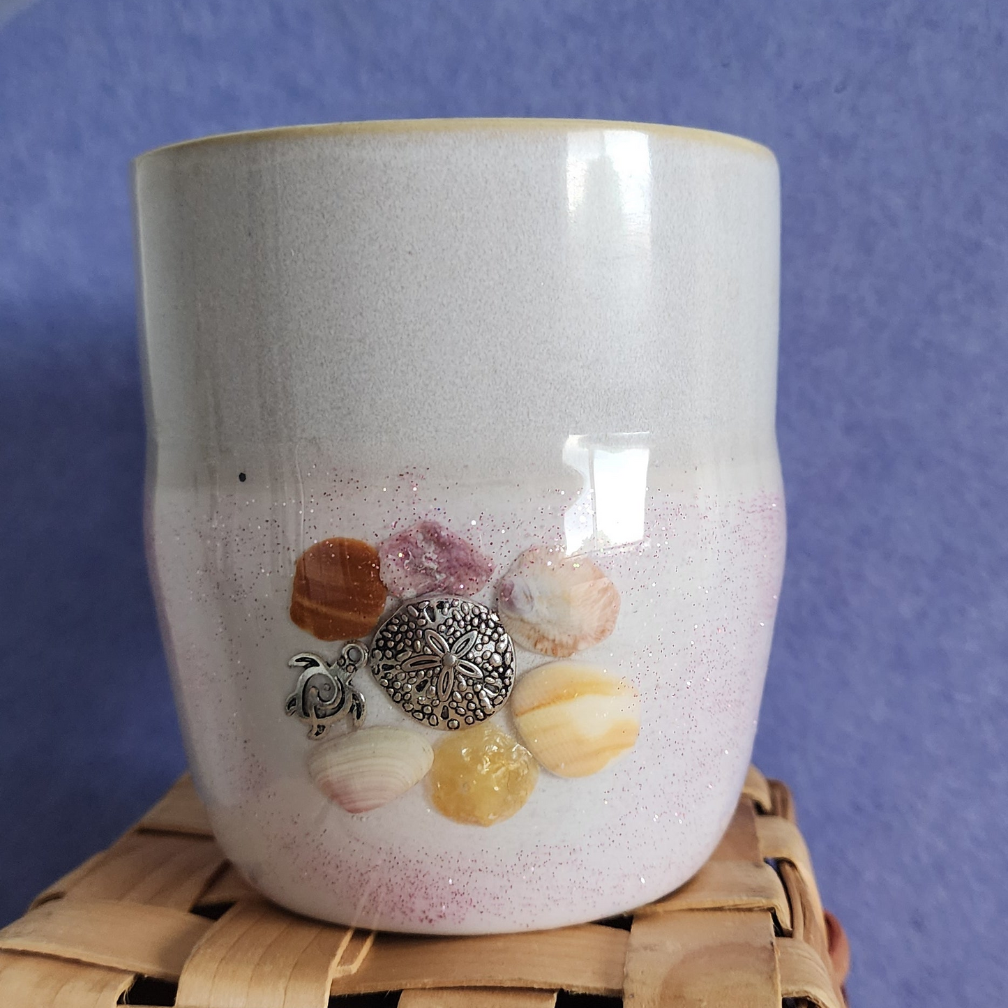 Pink glitter and seashells on white coffee mug with silver sand dollar charm handmade in Florida