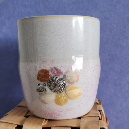 Pink glitter and seashells on white coffee mug with silver sand dollar charm handmade in Florida