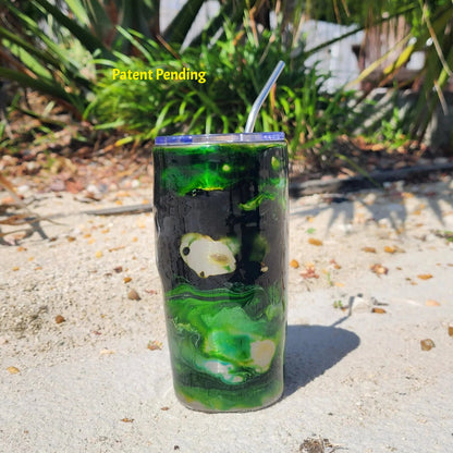 Night Tide Green tumbler side view showing multi-tone green swirls and fishing hook design