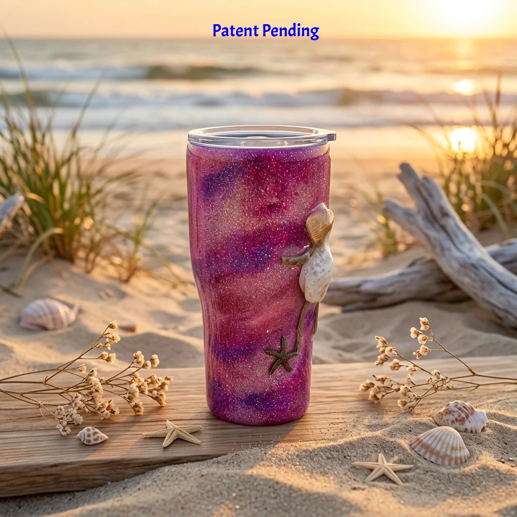 Pink and purple shell figure tumbler in beach grass and driftwood on the sand