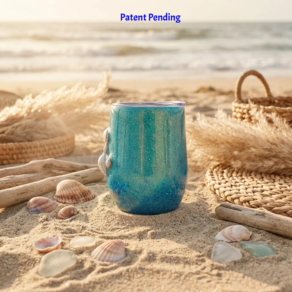 Teal stemless wine tumbler on sand with pampas grass and a woven basket behind it
