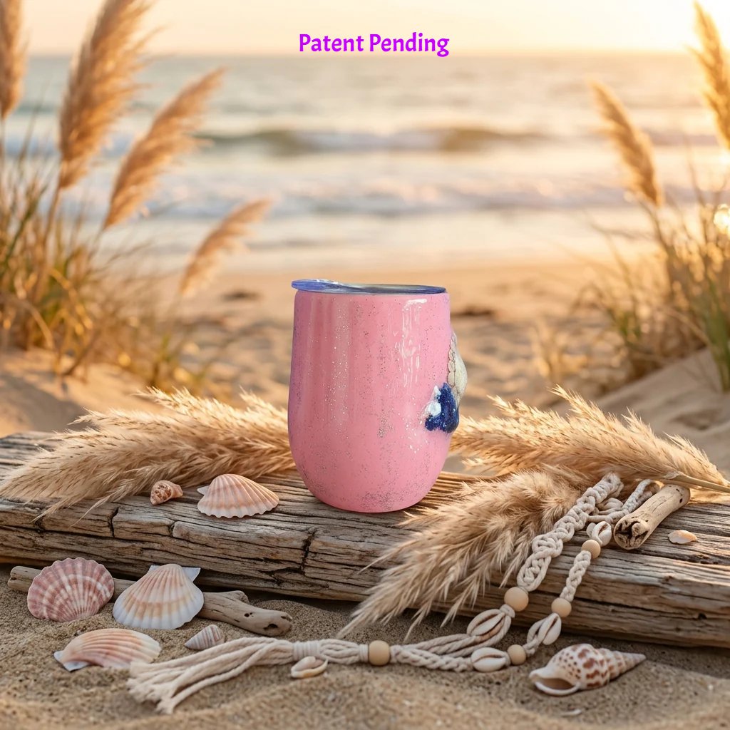 Handmade pink 12oz insulated wine tumbler with a seashell centerpiece and lapis lazuli chips on driftwood among beach grass
