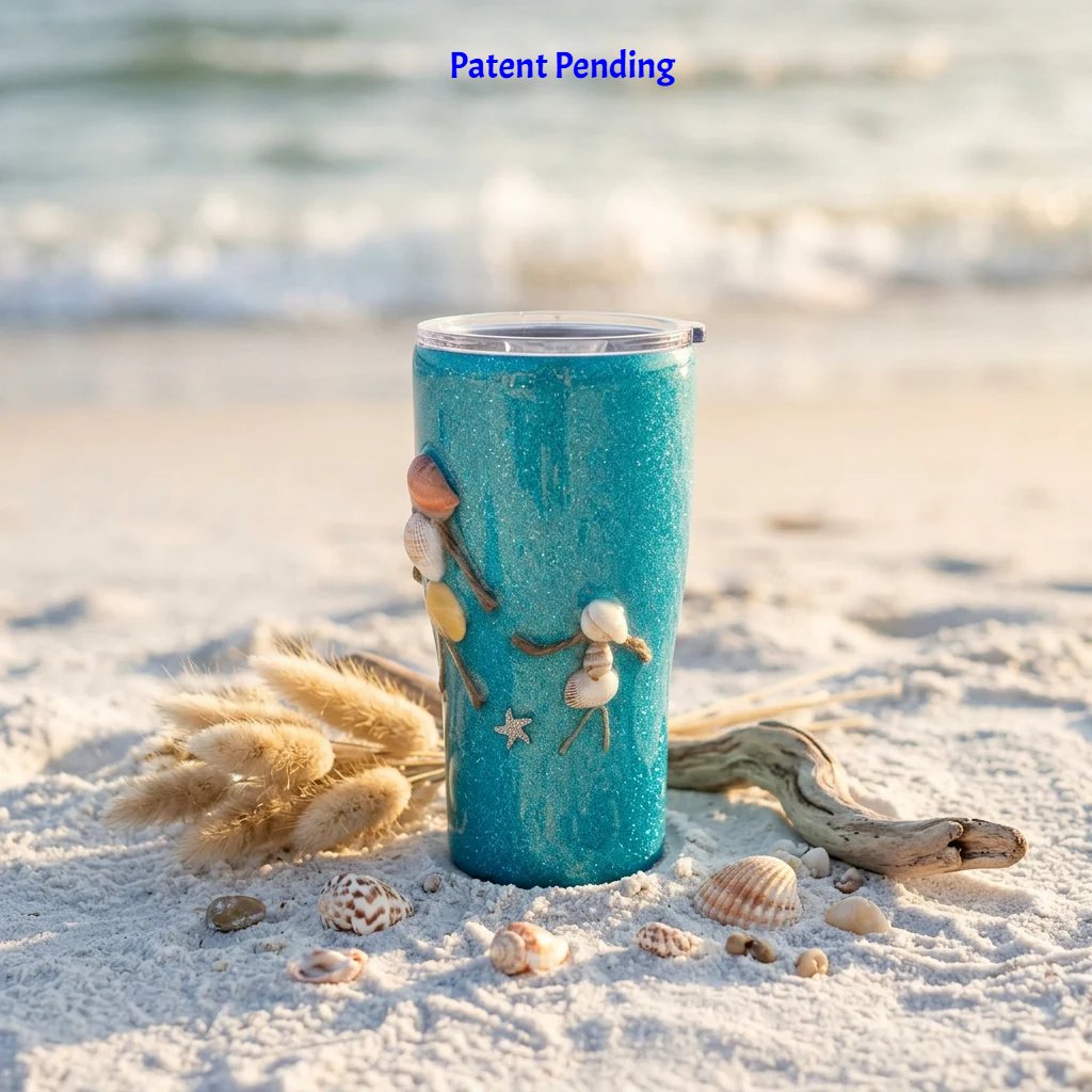 Teal 20oz insulated tumbler with real seashells on a macrame mat and driftwood