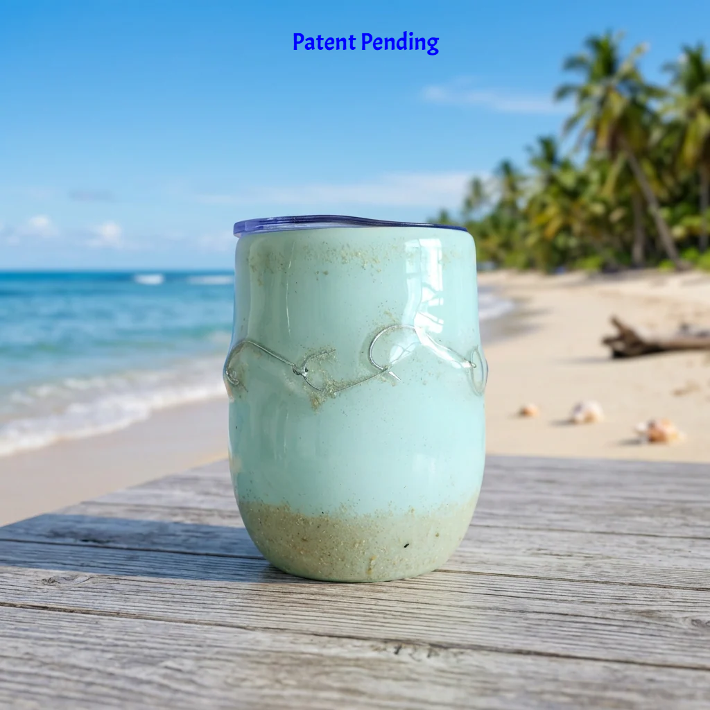 Handmade 12oz fishing hook tumbler with real fishing hook and sand on a wood dock with palm trees and the ocean
