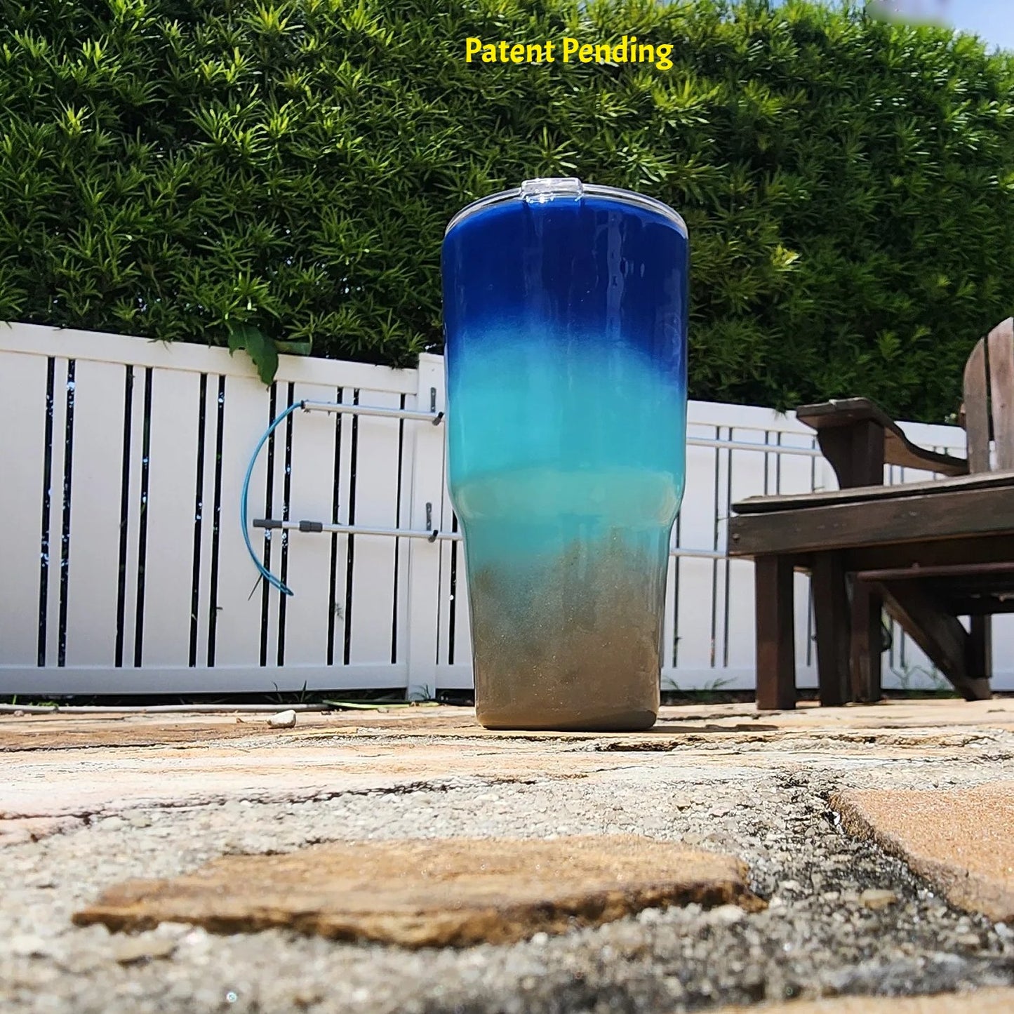 Back view of Shore to Sea Blue 30oz fishing tumbler showing full cobalt blue to Caribbean teal to sandy shore design. Hook & Tumble™ by SoFlo Boho Boutique, handcrafted in South Florida, Patent Pending.