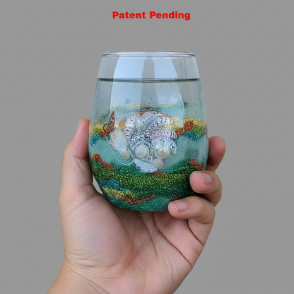 holding green stemless wine glass in hand with gray background