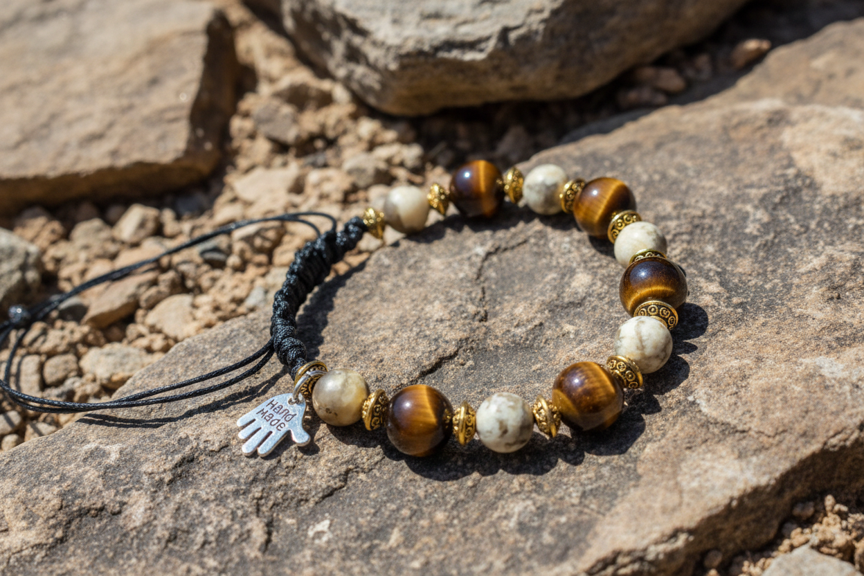 Natural Stone Men's Drawstring Bracelet – Tiger’s Eye & Feldspar, 8–10mm - adjustable