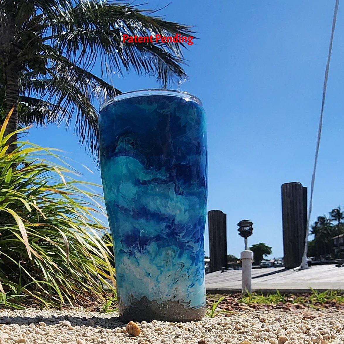 Blue ocean Hook & Tumble™ 20oz tumbler back view, turquoise howlite and sea glass visible, Hook & Tumble™ Patent Pending