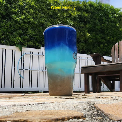 Back view of Shore to Sea Blue 30oz fishing tumbler showing full cobalt blue to Caribbean teal to sandy shore design. Hook & Tumble™ by SoFlo Boho Boutique, handcrafted in South Florida, Patent Pending.