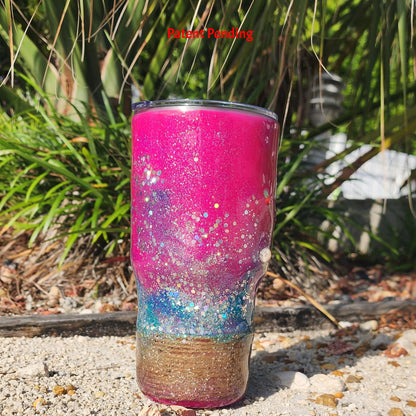 back side of magenta tumbler 30oz in sand 