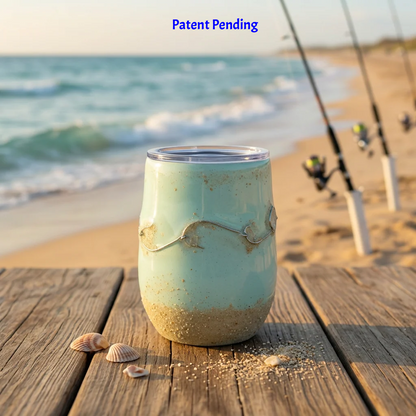 Handmade 12oz teal fishing hook tumbler with real fishing hook and sand on a wood table by the beach and fishing rods