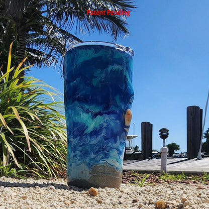 Blue ocean Hook & Tumble™ 20oz tumbler back left view, turquoise howlite and sea glass visible, Hook & Tumble™ Patent Pending