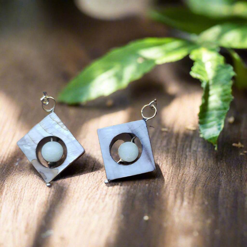 Handmade Beautiful Square-Shaped Earrings with Aventurine & Mother of Pearl – Elegant S-Shape Design✨