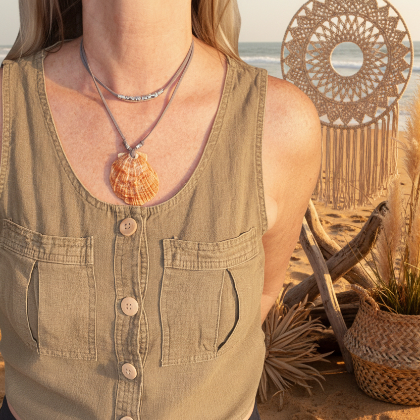 Woman wearing adjustable lions paw choker necklace at the beach.