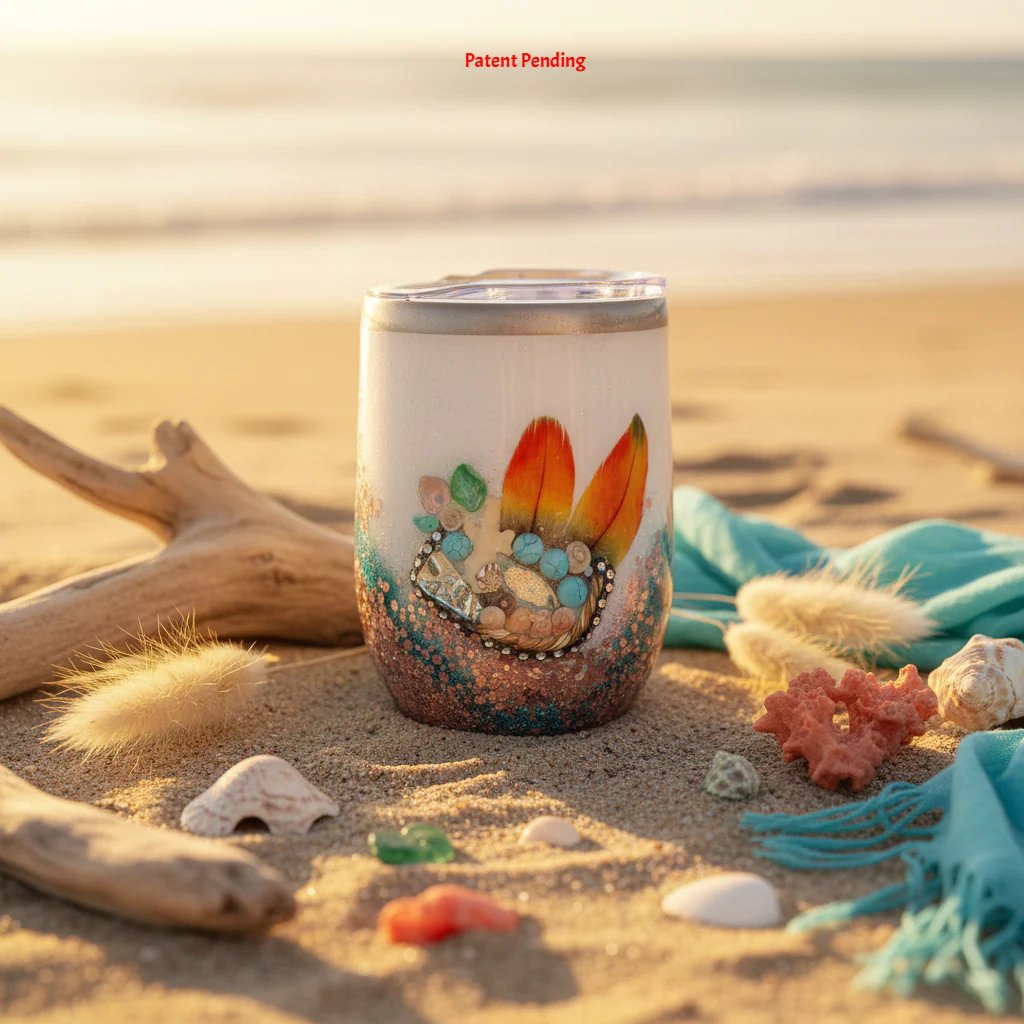 Coastal boho glitter wine tumbler with feathers and turquoise stones on beach sand | Saltwater Sips™