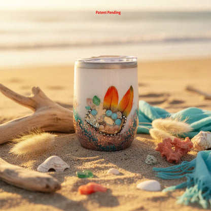 Coastal boho glitter wine tumbler with feathers and turquoise stones on beach sand | Saltwater Sips™