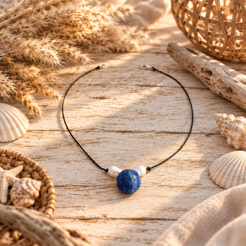 Blue natural stone pendant necklace with freshwater pearl accent bead, close-up