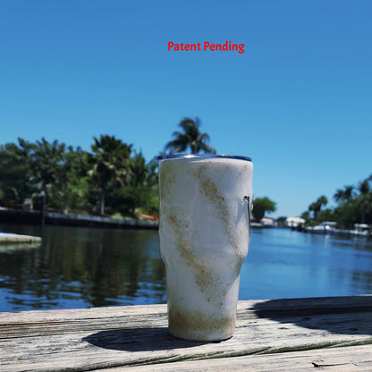 Right side view Shore Thing Hook & Tumble™ 30oz white coastal tumbler intracoastal background