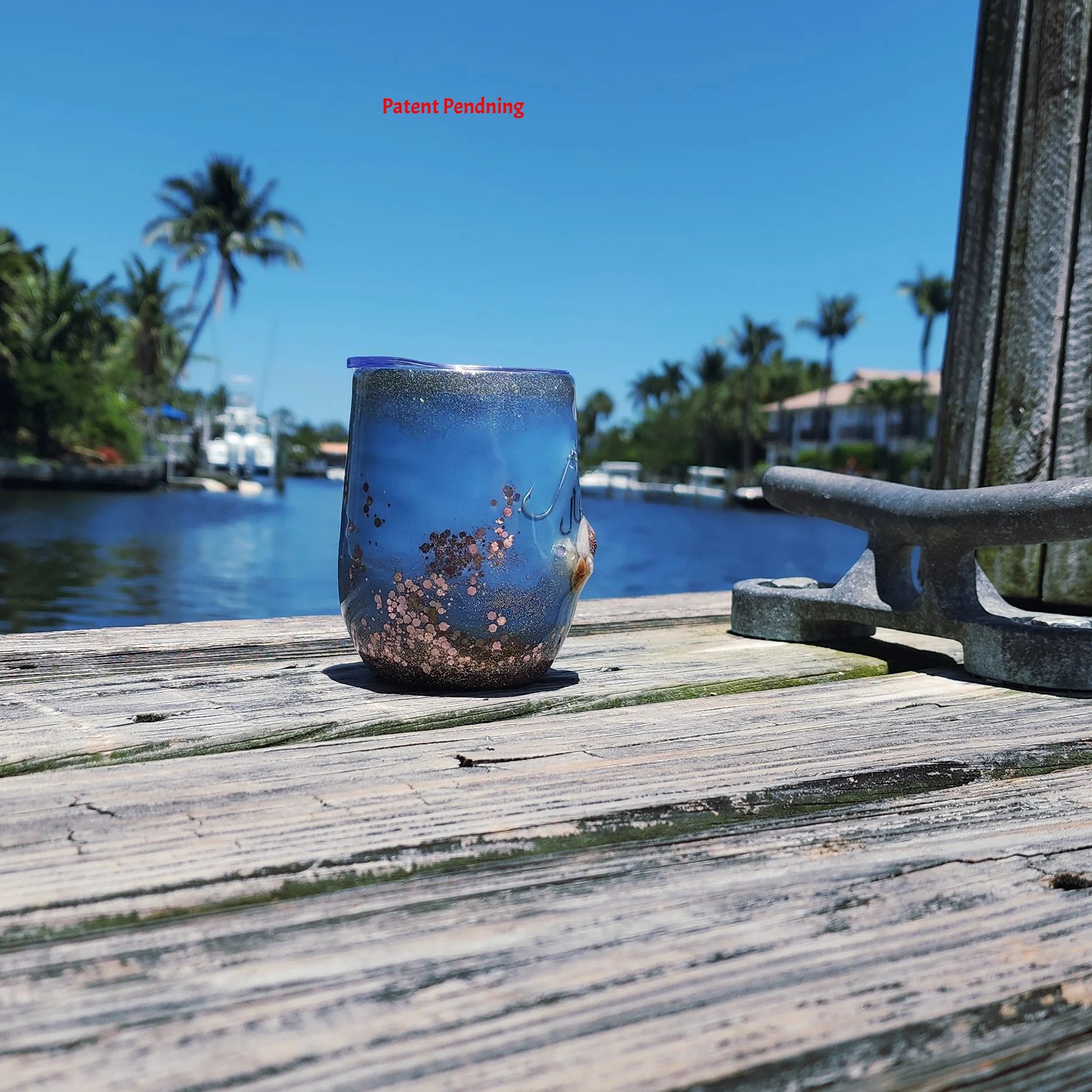 Rose Gold Seashell Saltwater Sips™ 12oz wine tumbler on dock – real seashells, fishing hooks and freshwater pearl handmade South Florida