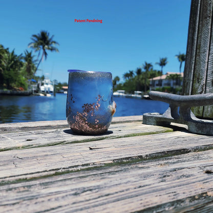 Rose Gold Seashell Saltwater Sips™ 12oz wine tumbler on dock – real seashells, fishing hooks and freshwater pearl handmade South Florida