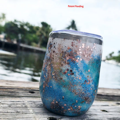 12oz 3D Ocean Treasure Glitter Tumbler - Insulated Beach Wine Tumbler with Feathers, Starfish & Seashells | Saltwater Sips™