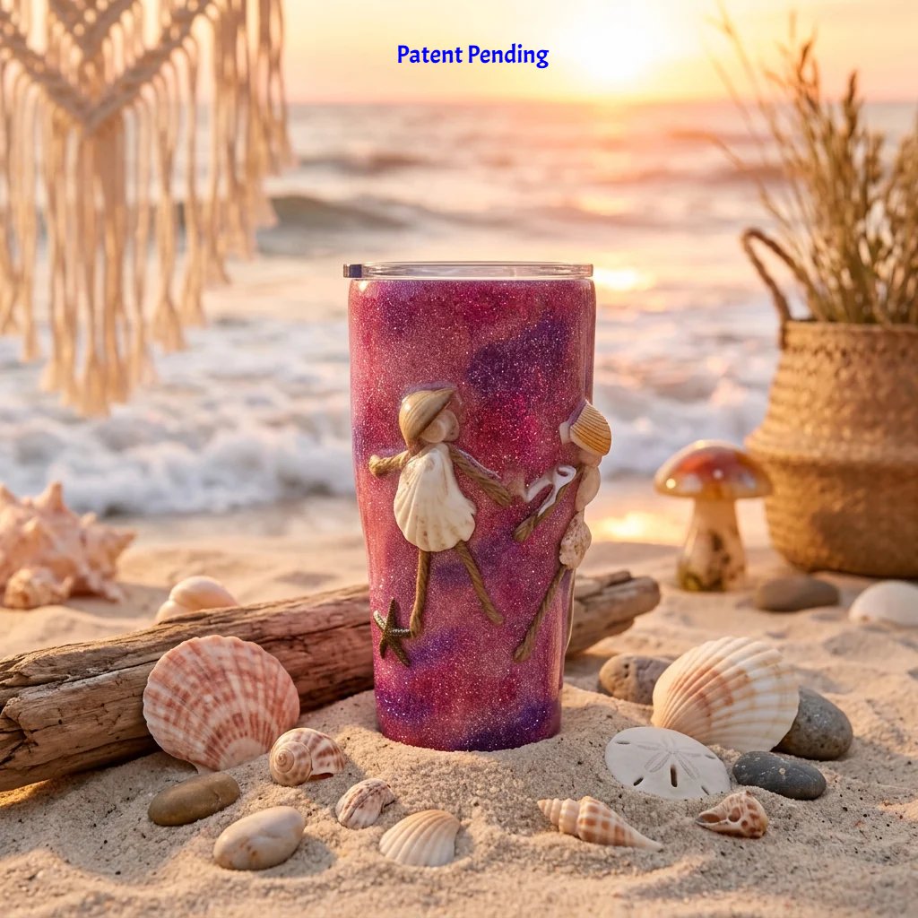 Pink and purple glitter insulated tumbler with real seashells on a sandy beach at sunset