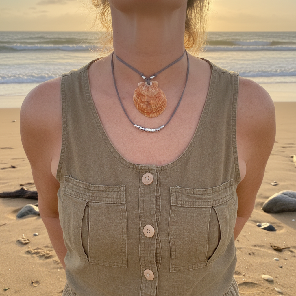 Woman wearing adjustable lions paw choker necklace at the beach.