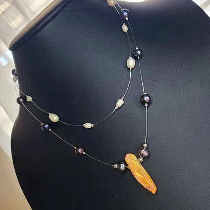 Layered Pearl Necklace - Freshwater Pearls & Amber Quartz Crystal Statement Piece ✨- Handmade Boho Style