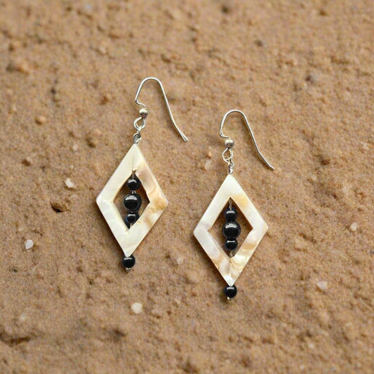 Handmade Mother of Pearl Diamond-Shaped Earrings with Jasper Beads
