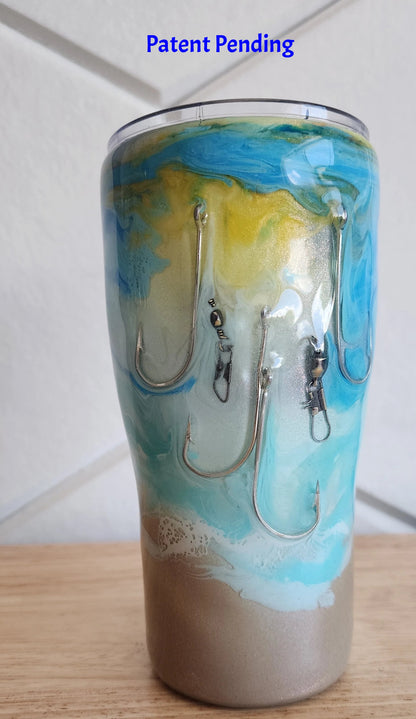 Turquoise ocean wave fishing hook tumbler 20oz indoor front view, Hook & Tumble™ Patent Pending